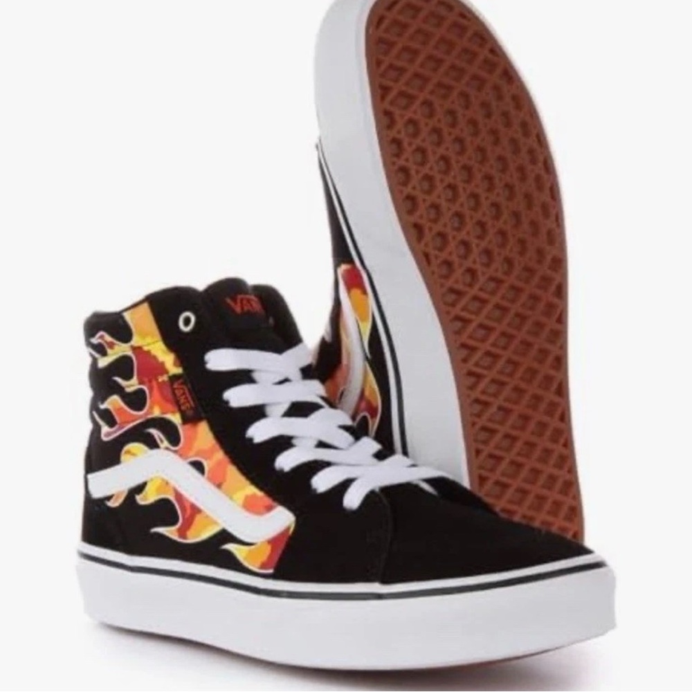 Vans Kids High-Top Sneakers - Black with Red and Yellow Flames